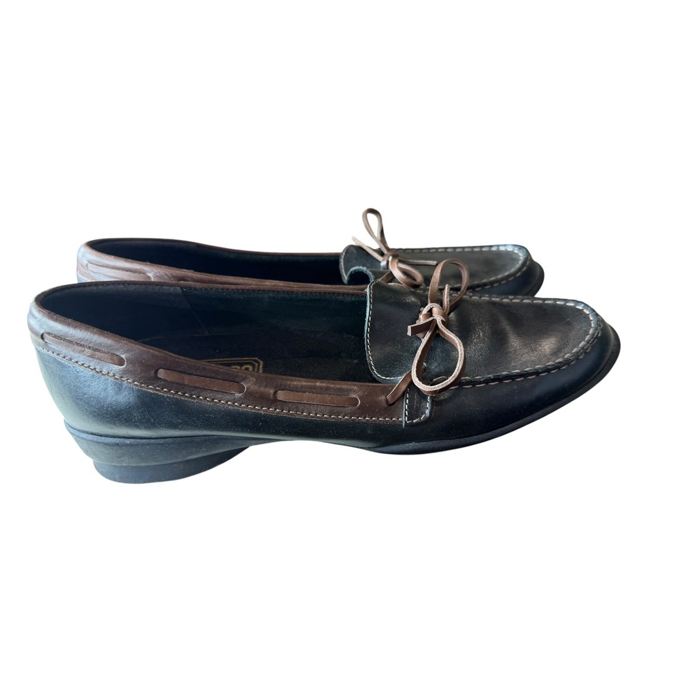 Vintage 90s Munro American Womens 8N Black Brown Leather Boat Shoe Loafers Bow